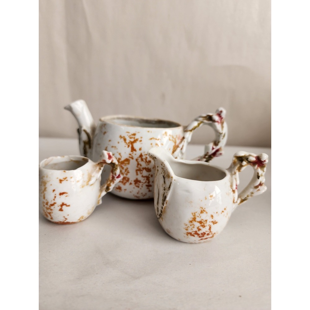 Antique Miniature Tea Set White Gold Splatter Ceramic Teapot Creamer Cup 3 Piece